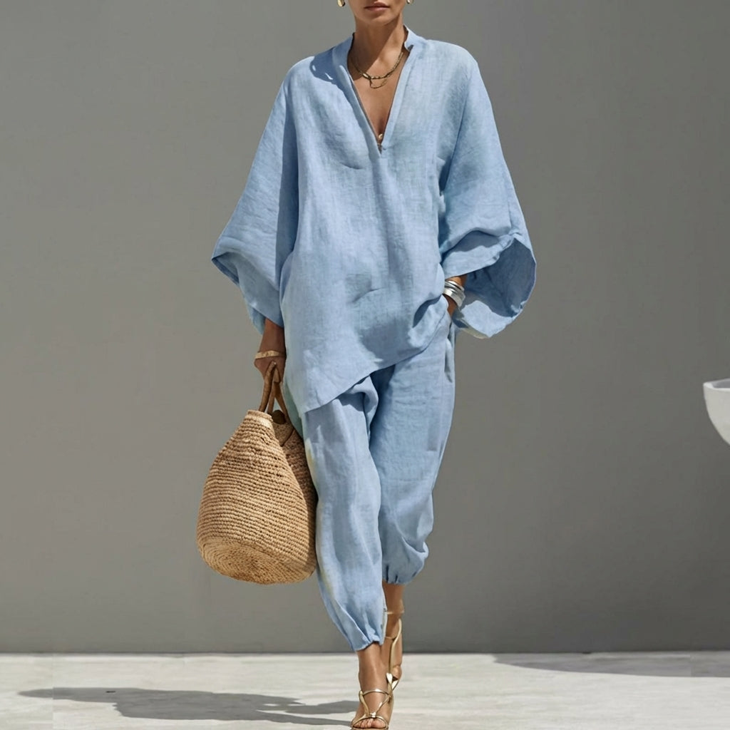 June | Women's Casual Set with V-Neck – Light Blue