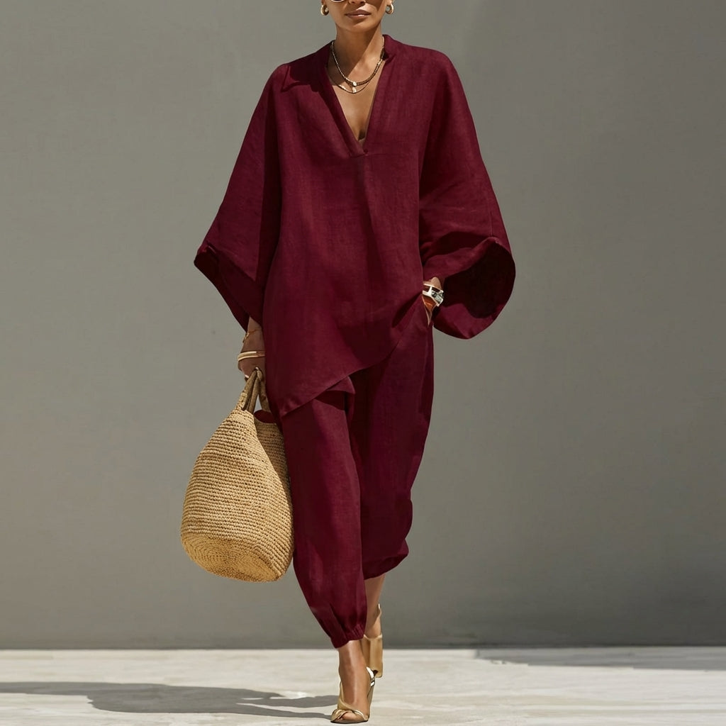 June | Women's Casual Set with V-Neck – Wine Red