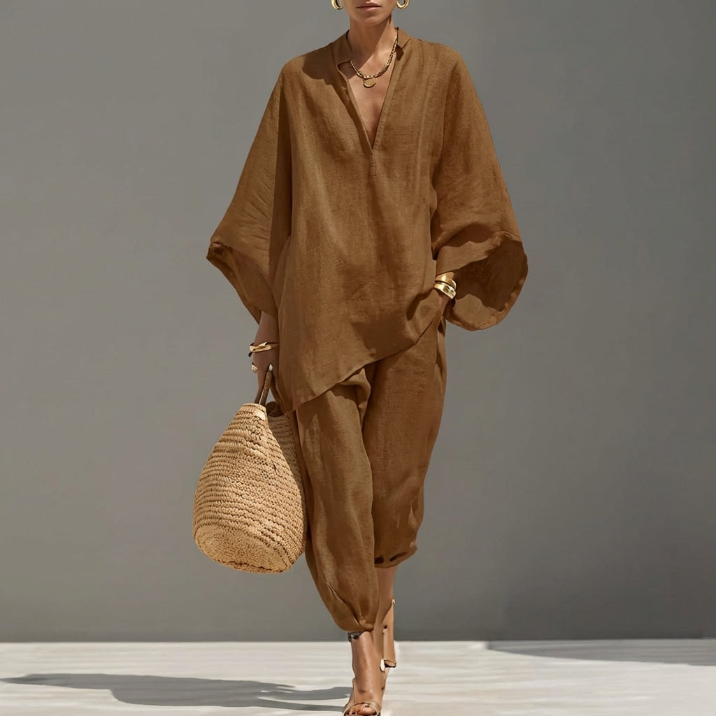 June | Women's Casual Set with V-Neck – Light Brown