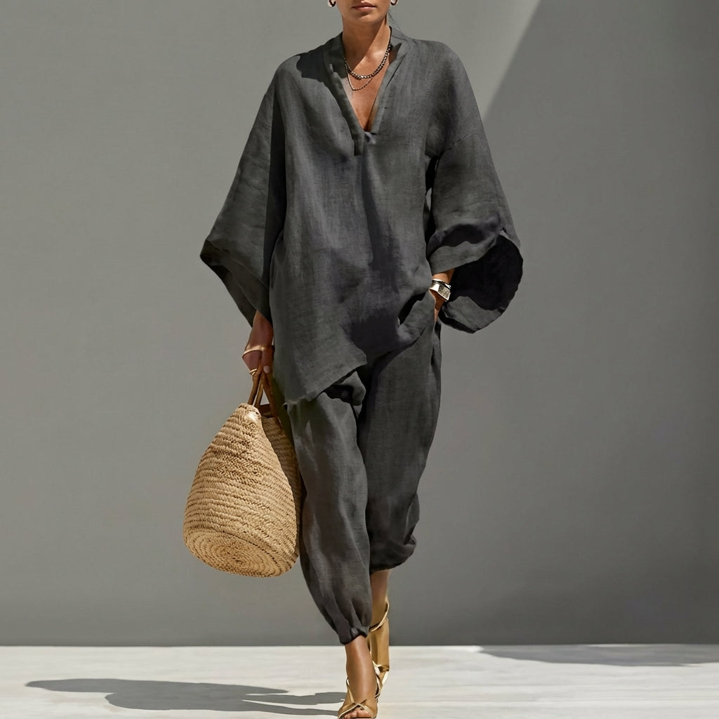 June | Women's Casual Set with V-Neck – Dark Grey