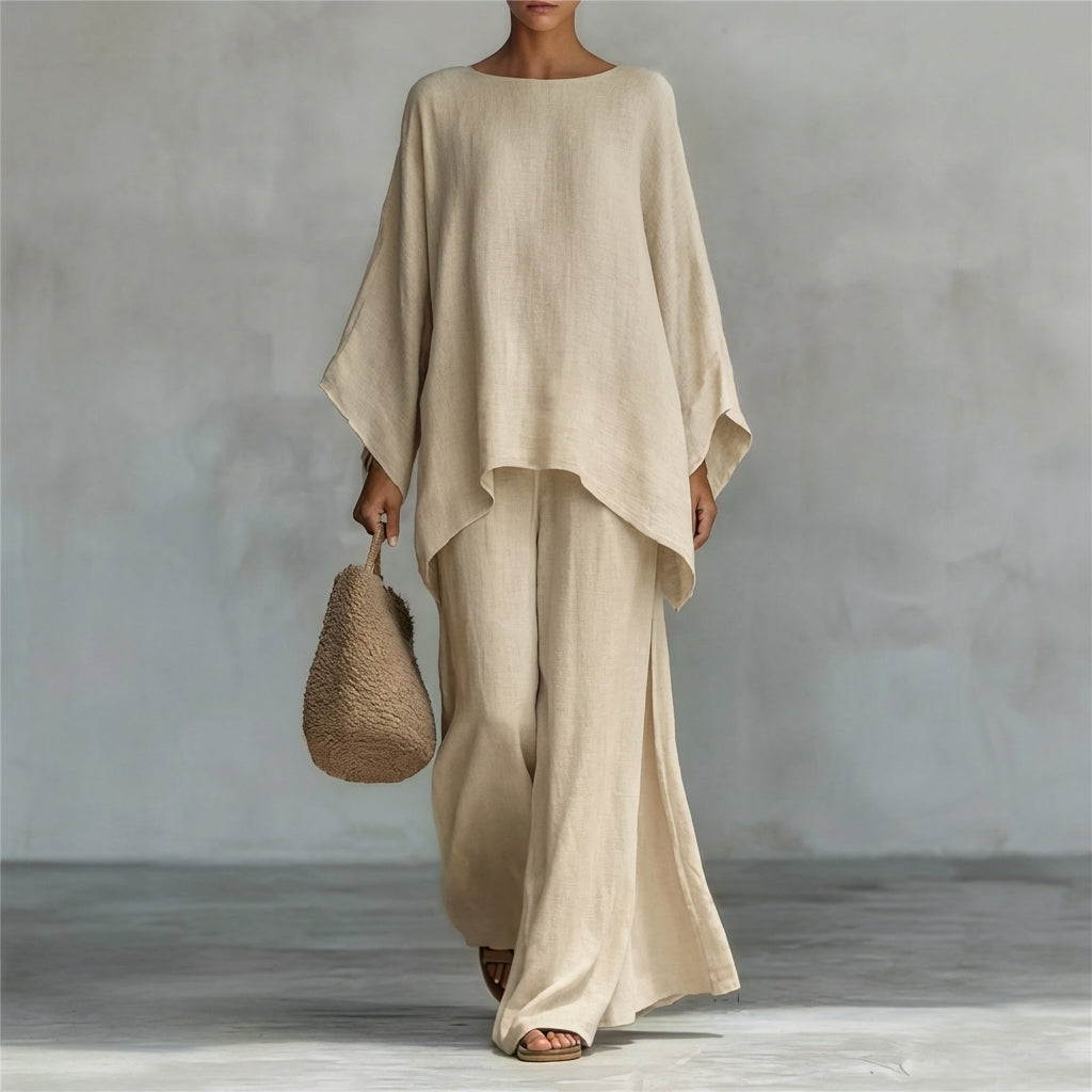 Iris | Long Sleeve Set with Wide Leg Pants – Khaki