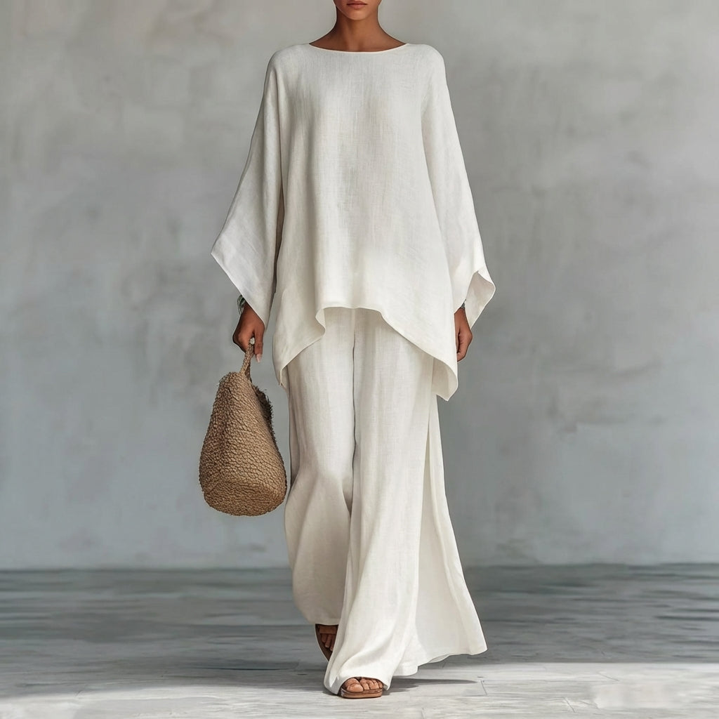 Iris | Long Sleeve Set with Wide Leg Pants – White