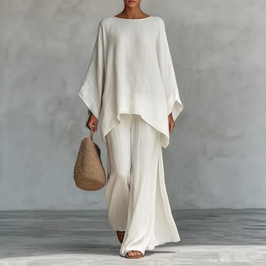 Iris | Long Sleeve Set with Wide Leg Pants – White