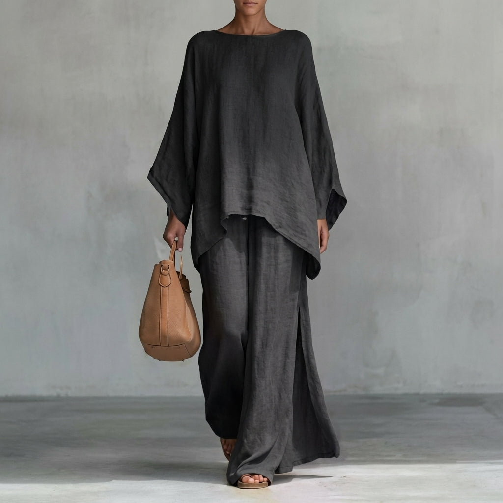 Iris | Long Sleeve Set with Wide Leg Pants – Black
