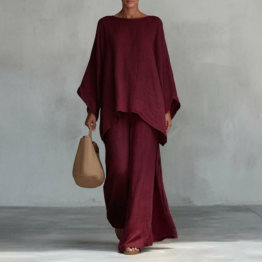 Iris | Long Sleeve Set with Wide Leg Pants – Burgundy