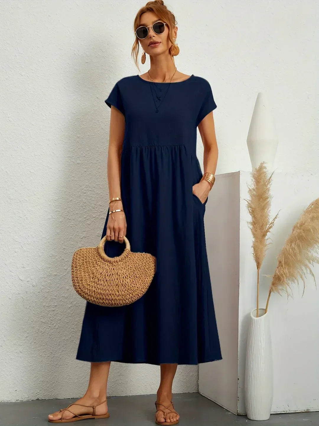 Persephone | Flowing Midi Day Dress – Navy