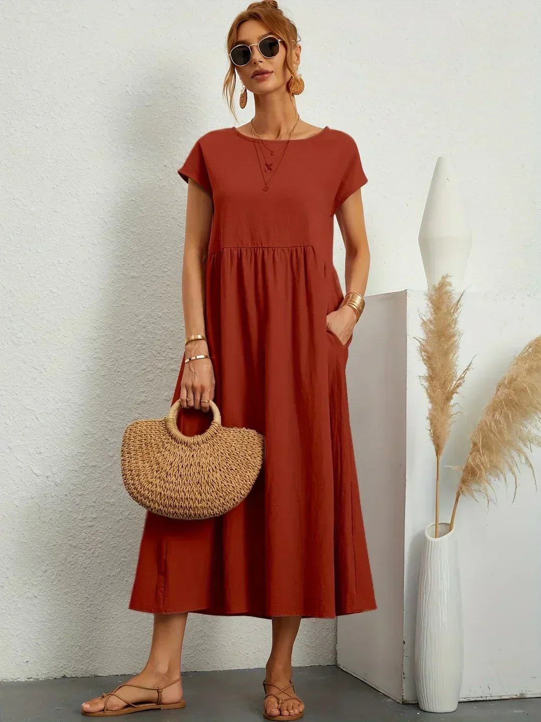 Persephone | Flowing Midi Day Dress – Brown