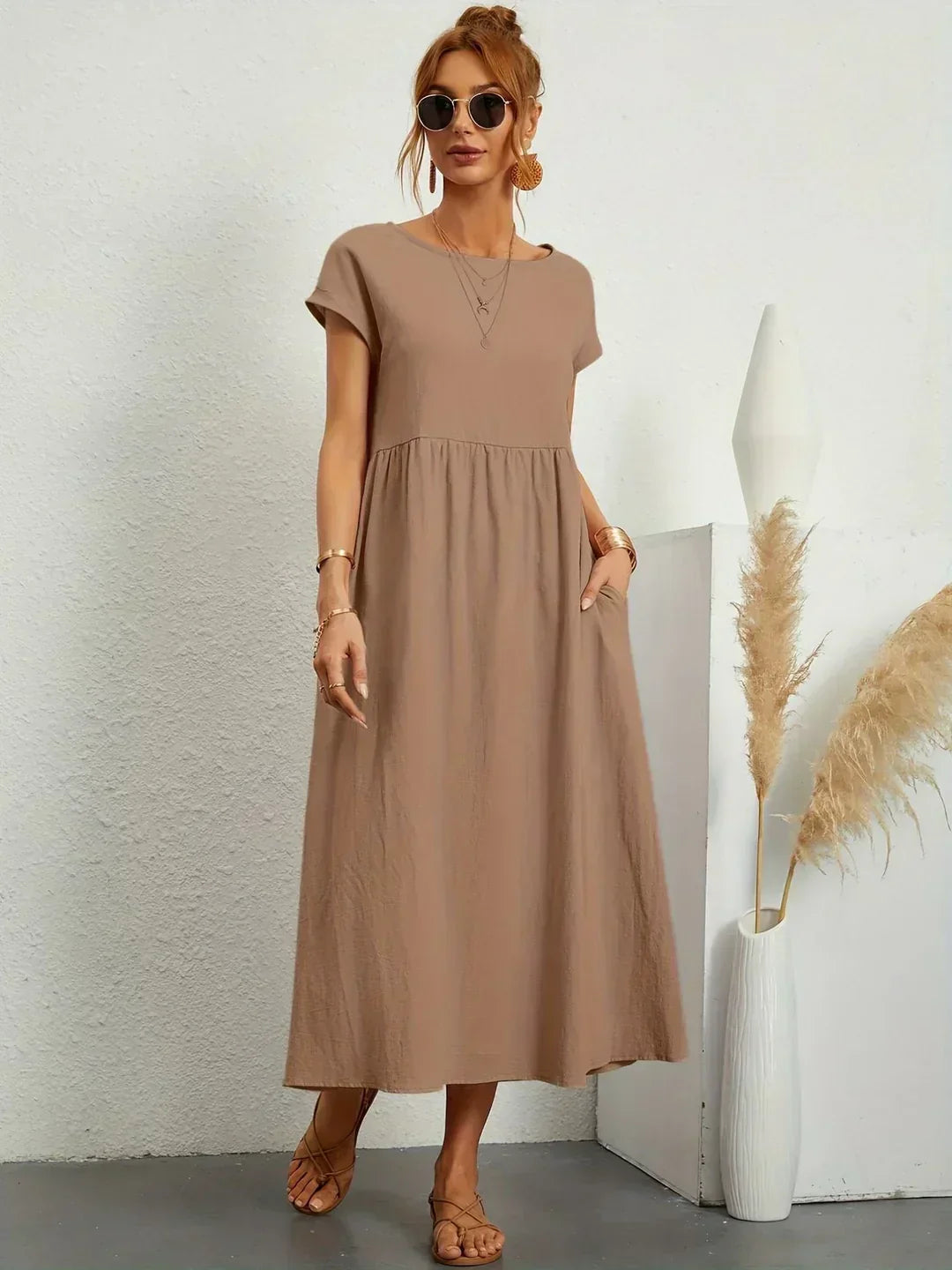 Persephone | Flowing Midi Day Dress – Khaki