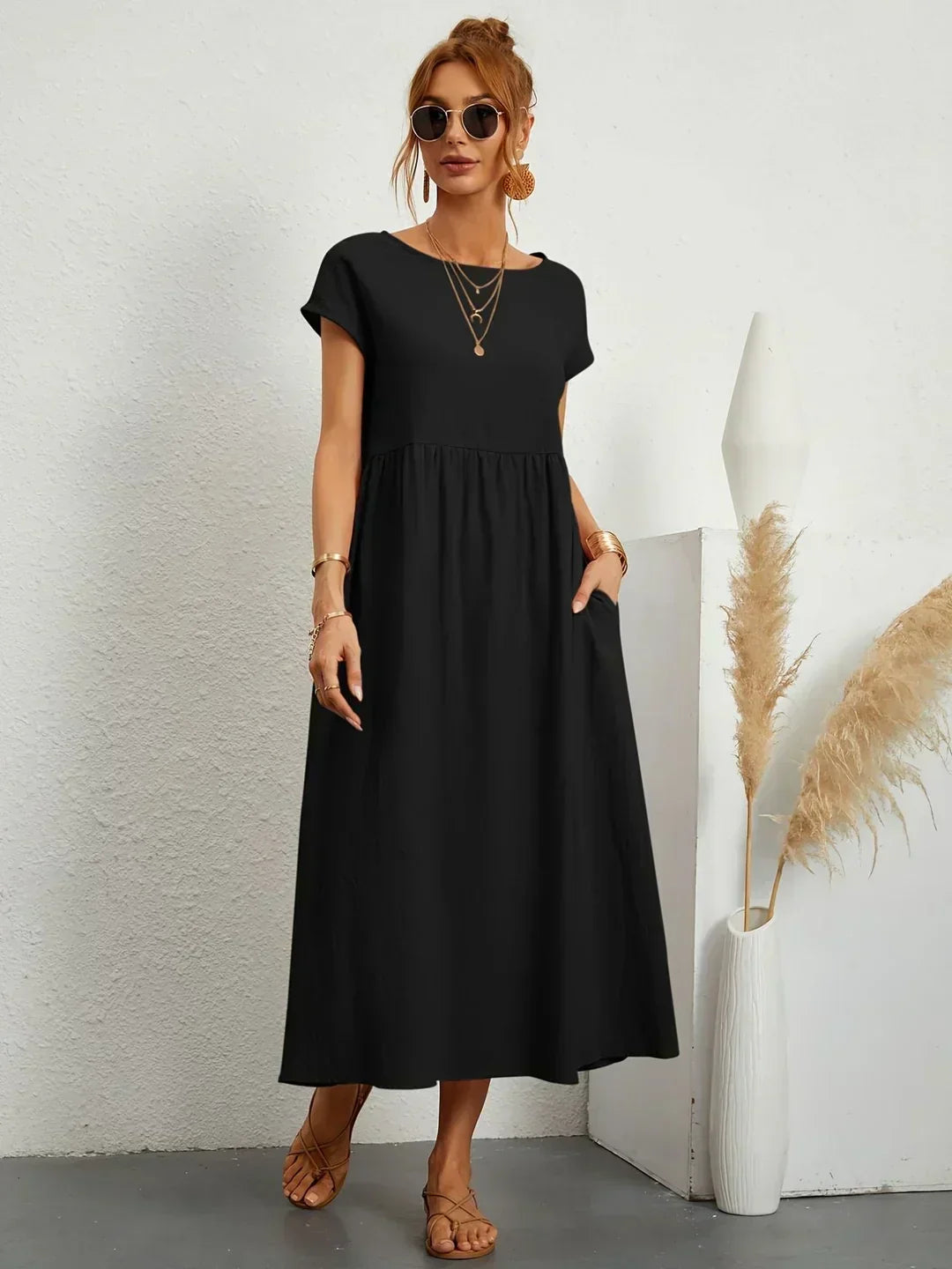 Persephone | Flowing Midi Day Dress – Black
