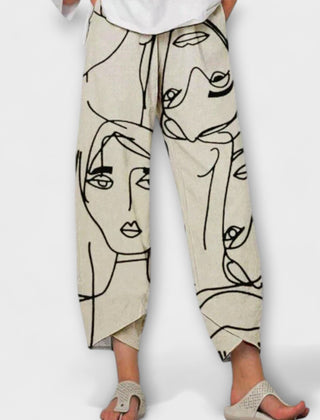Greta | Artistic Print Wide Leg Pants – Beige