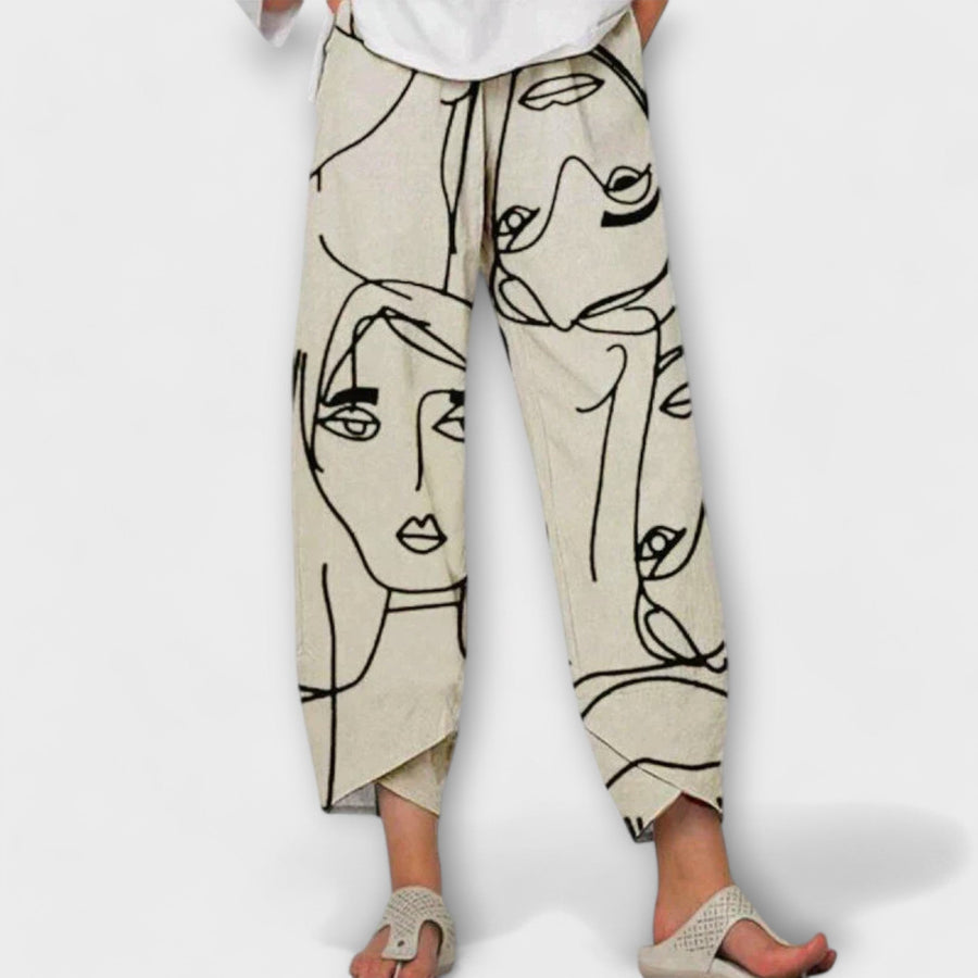 Greta | Artistic Print Wide Leg Pants – Beige