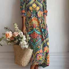 Xanthe | Women's Abstract Print Linen Midi Dress – Multicolour Print I
