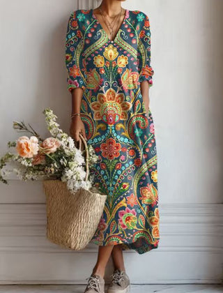 Xanthe | Women's Abstract Print Linen Midi Dress – Multicolour Print I