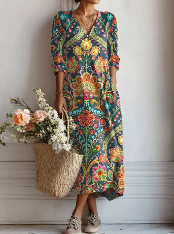 Xanthe | Women's Abstract Print Linen Midi Dress – Multicolour Print I
