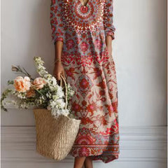 Xanthe | Women's Abstract Print Linen Midi Dress – Red Orange