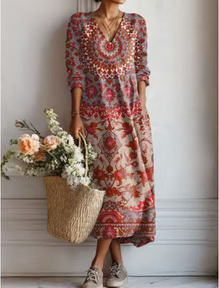 Xanthe | Women's Abstract Print Linen Midi Dress – Red Orange
