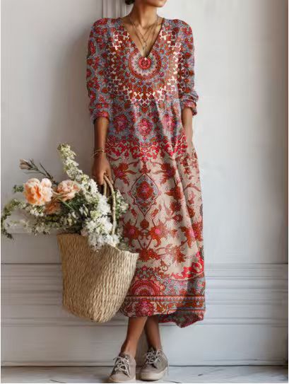 Xanthe | Women's Abstract Print Linen Midi Dress – Red Orange