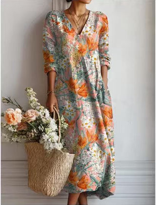 Xanthe | Women's Abstract Print Linen Midi Dress – Multicolour