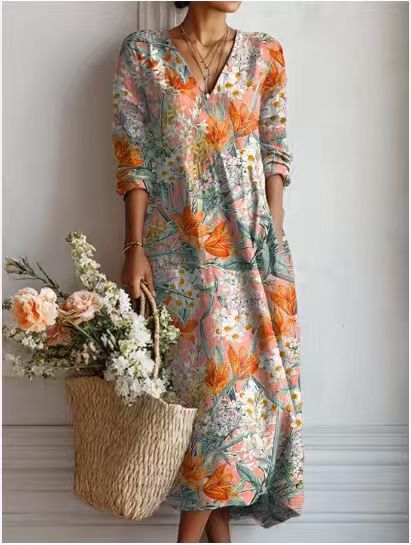 Xanthe | Women's Abstract Print Linen Midi Dress – Multicolour