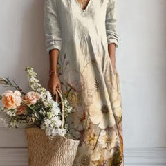 Xanthe | Women's Abstract Print Linen Midi Dress – Cream