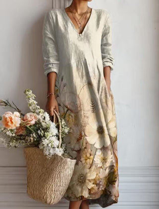 Xanthe | Women's Abstract Print Linen Midi Dress – Cream