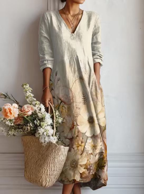 Xanthe | Women's Abstract Print Linen Midi Dress – Cream