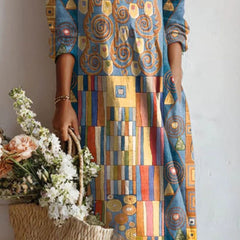 Xanthe | Women's Abstract Print Linen Midi Dress – Multicolour Print II