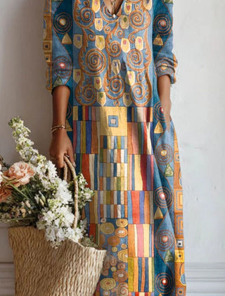 Xanthe | Women's Abstract Print Linen Midi Dress – Multicolour Print II