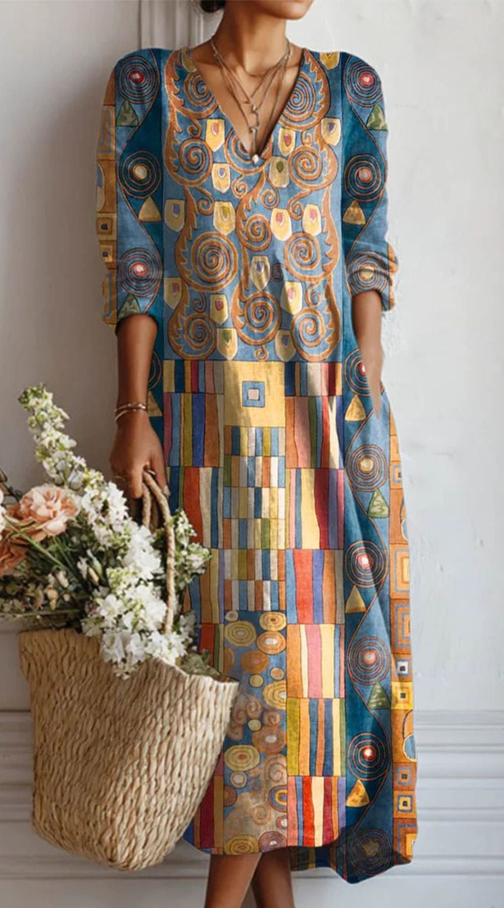 Xanthe | Women's Abstract Print Linen Midi Dress – Multicolour Print II