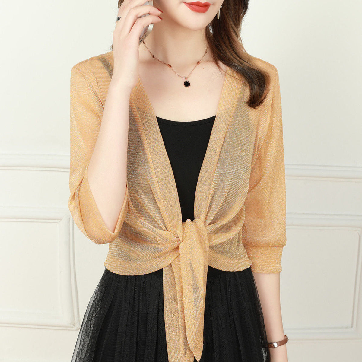 Honor | Sheer Tie-Front Bolero Top – Khaki