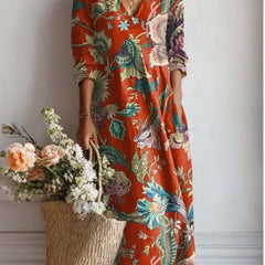 Xanthe | Women's Abstract Print Linen Midi Dress – Rust