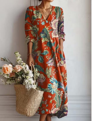 Xanthe | Women's Abstract Print Linen Midi Dress – Rust