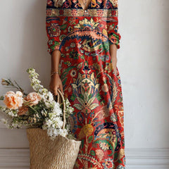 Xanthe | Women's Abstract Print Linen Midi Dress – Multicolour Print III