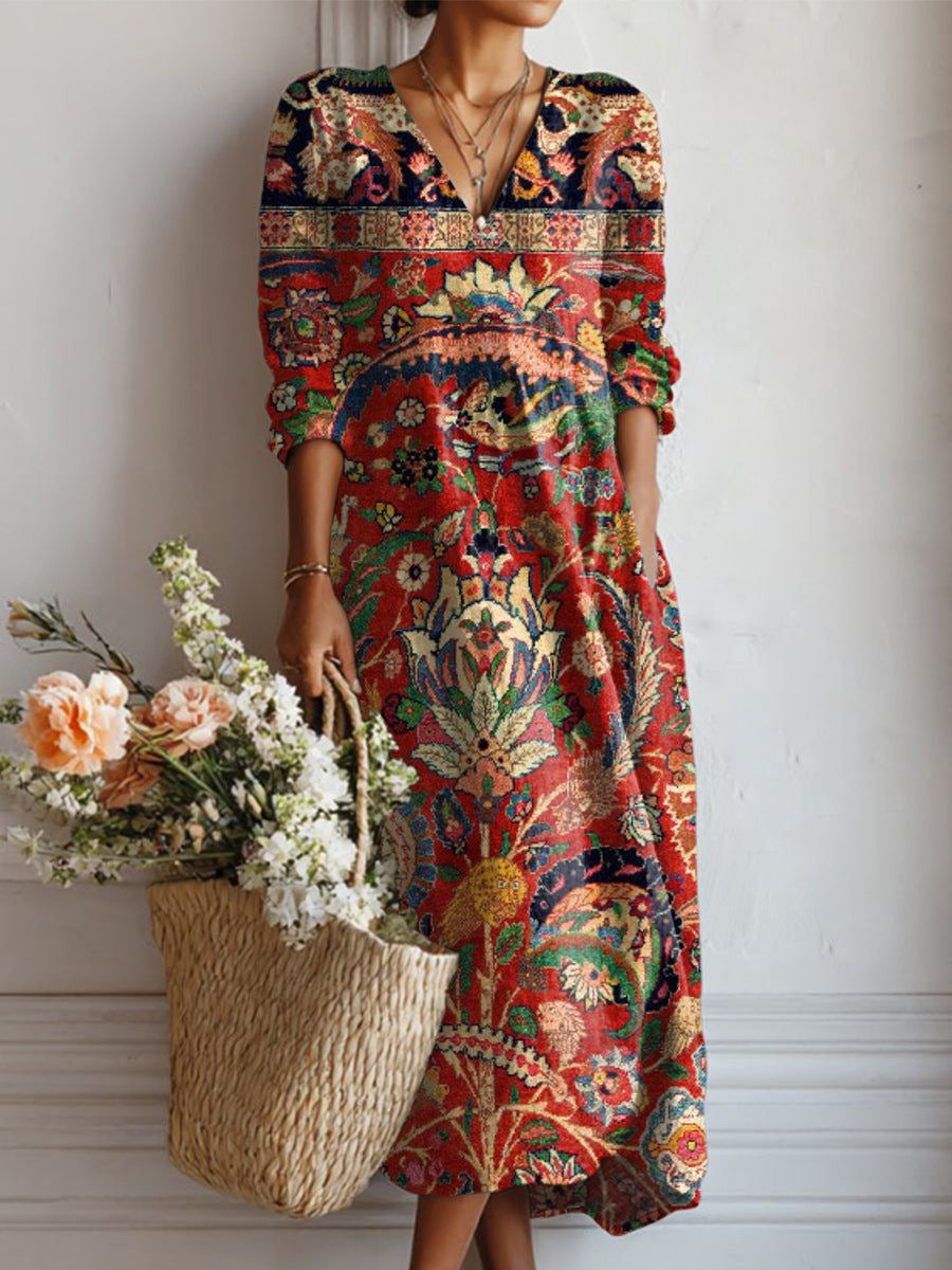 Xanthe | Women's Abstract Print Linen Midi Dress – Multicolour Print III