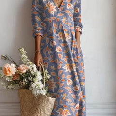 Xanthe | Women's Abstract Print Linen Midi Dress – Dusty Blue