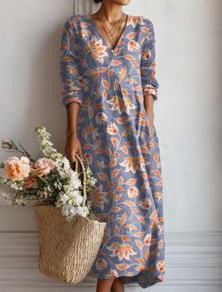 Xanthe | Women's Abstract Print Linen Midi Dress – Dusty Blue