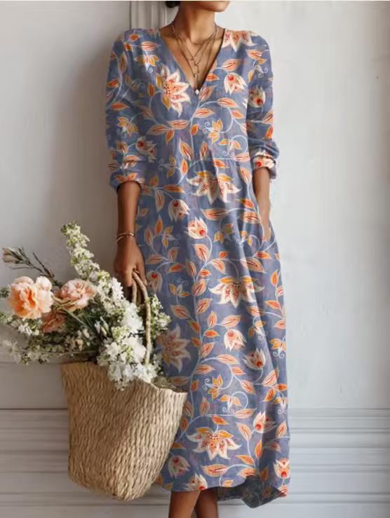 Xanthe | Women's Abstract Print Linen Midi Dress – Dusty Blue