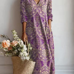 Xanthe | Women's Abstract Print Linen Midi Dress – Purple