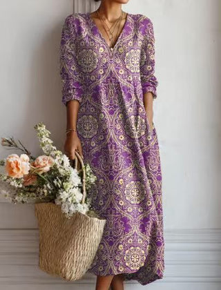 Xanthe | Women's Abstract Print Linen Midi Dress – Purple