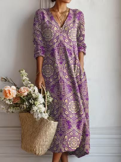 Xanthe | Women's Abstract Print Linen Midi Dress – Purple