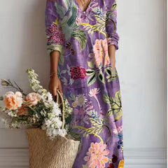 Xanthe | Women's Abstract Print Linen Midi Dress – Plum