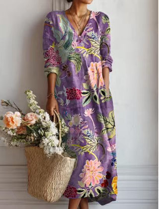 Xanthe | Women's Abstract Print Linen Midi Dress – Plum