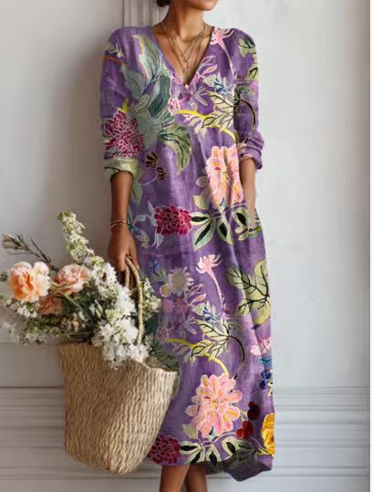 Xanthe | Women's Abstract Print Linen Midi Dress – Plum