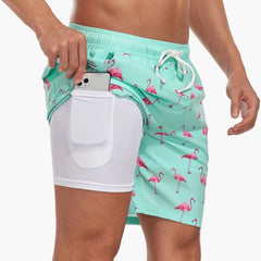 Ollie | Men's Tropical Print Beach Shorts with Liner – Flamingo