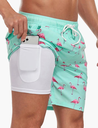 Ollie | Men's Tropical Print Beach Shorts with Liner – Flamingo