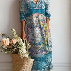 Xanthe | Women's Abstract Print Linen Midi Dress – Teal