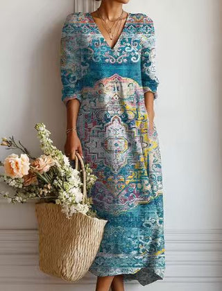 Xanthe | Women's Abstract Print Linen Midi Dress – Teal