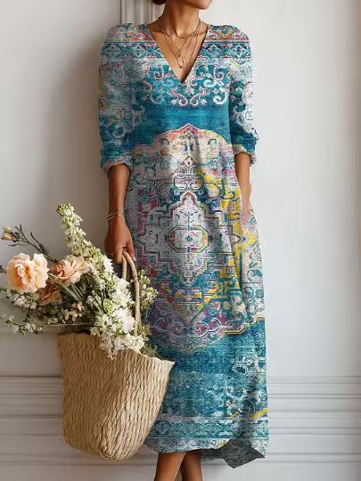 Xanthe | Women's Abstract Print Linen Midi Dress – Teal
