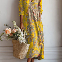 Xanthe | Women's Abstract Print Linen Midi Dress – Yellow