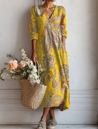 Xanthe | Women's Abstract Print Linen Midi Dress – Yellow